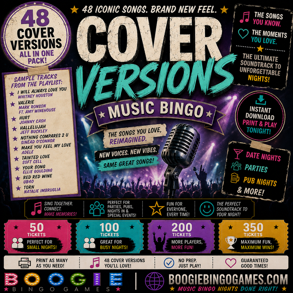 Cover Versions Music Bingo - Available in 50, 100, 200 and 350 Ticket Options