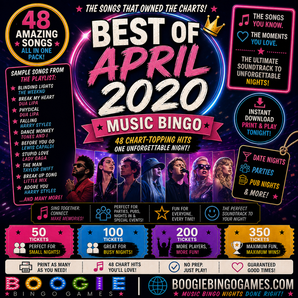 Best Of April 2020 Music Bingo - Available in 50, 100, 200 and 350 Ticket Options