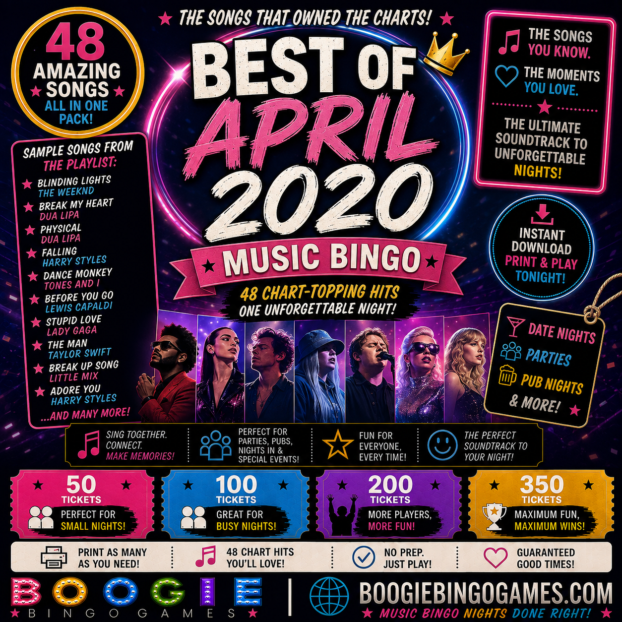 Best Of April 2020 Music Bingo - Available in 50, 100, 200 and 350 Ticket Options