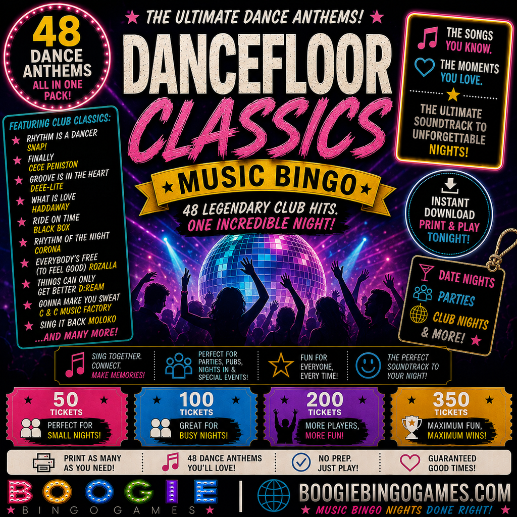 Dancefloor Classics Music Bingo - Available in 50, 100, 200 and 350 Ticket Options
