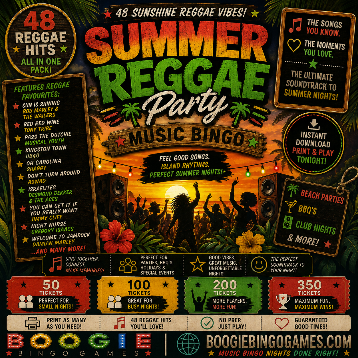 Summer Reggae Party Music Bingo - Available in 50, 100, 200 and 350 Ticket Options