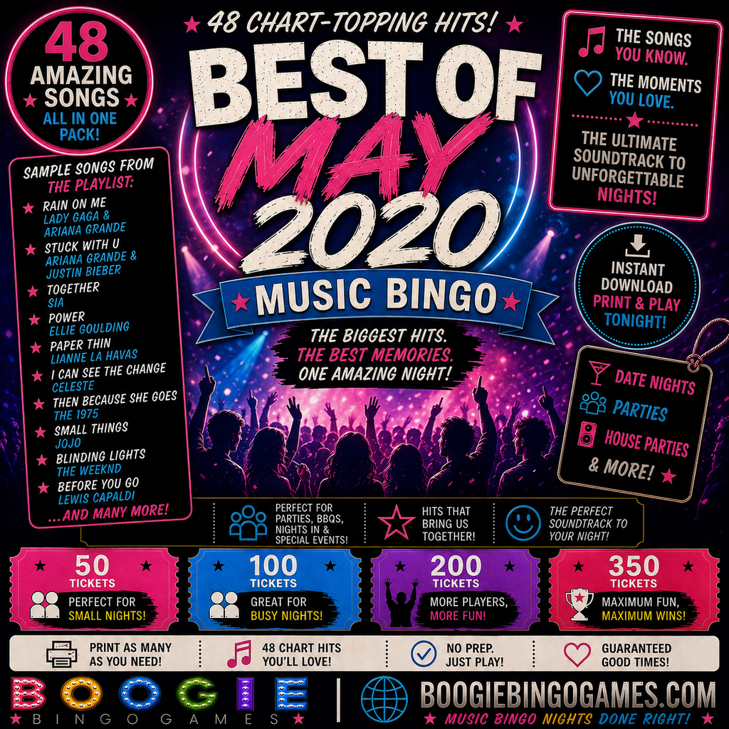 Best of May 2020 Music Bingo - Available in 50, 100, 200 and 350 Ticket Options