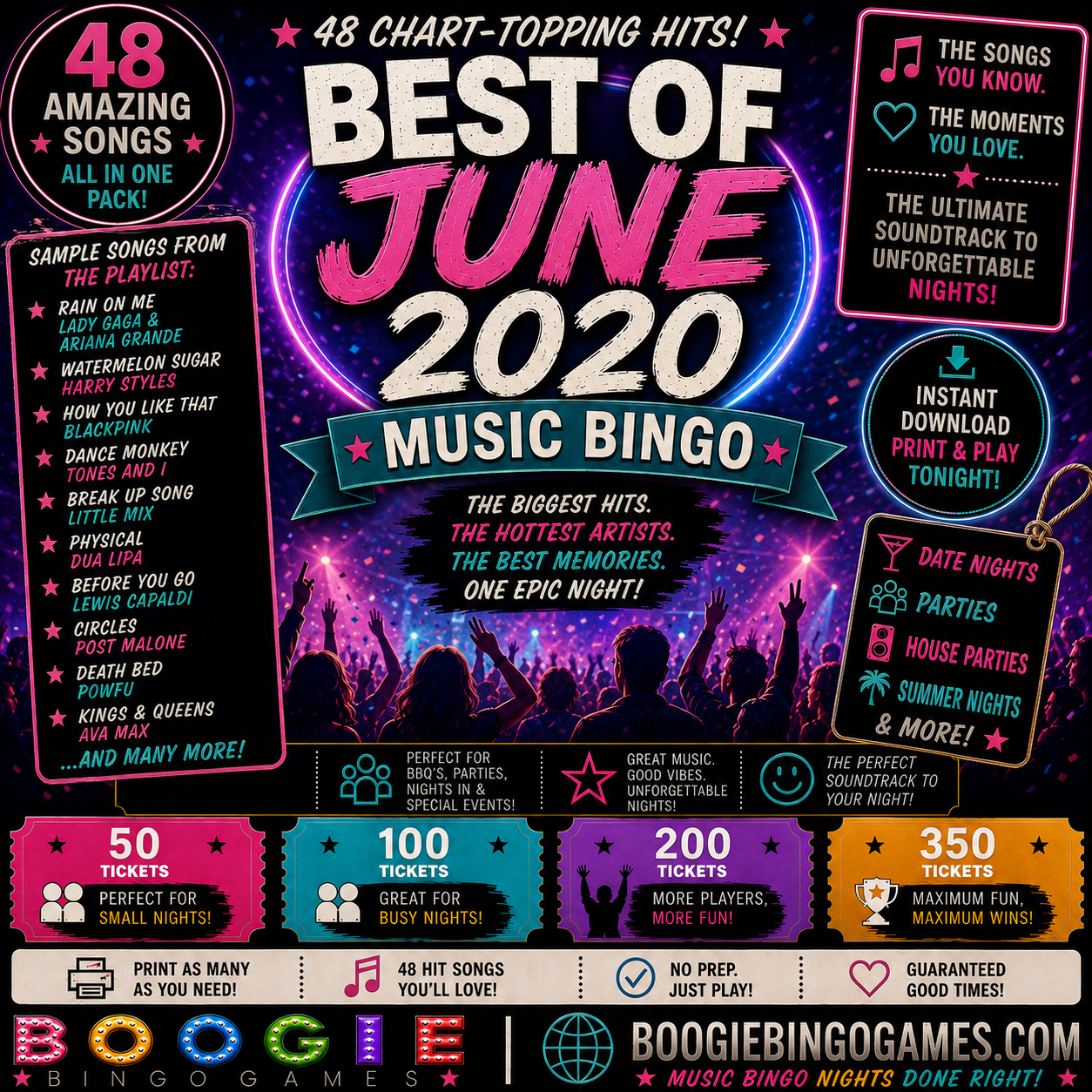 Best of June 2020 Music Bingo - Available in 50, 100, 200 and 350 Ticket Options