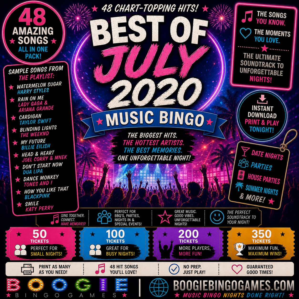 Best of July 2020 Music Bingo - Available in 50, 100, 200 and 350 Ticket Options