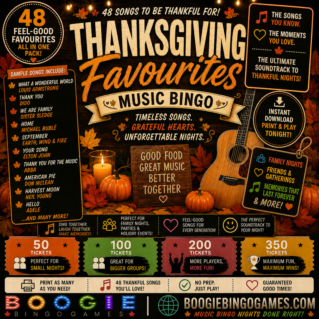 Thanksgiving Favourites Music Bingo - Available in 50, 100, 200 and 350 Ticket Options
