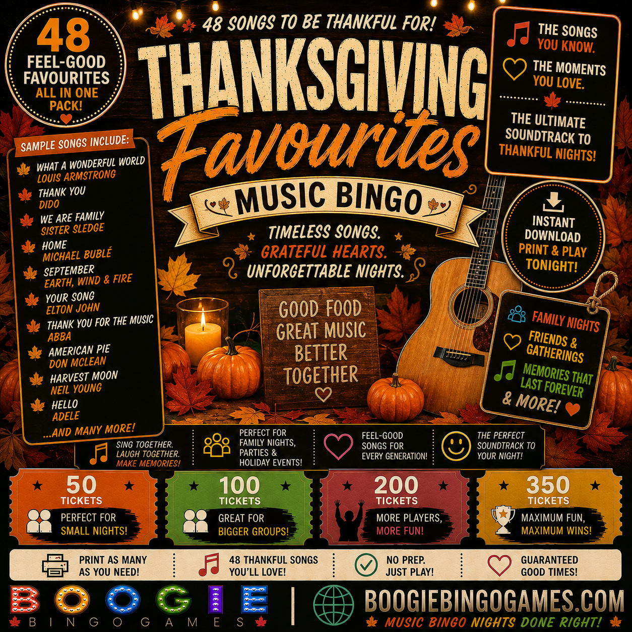 Thanksgiving Favourites Music Bingo - Available in 50, 100, 200 and 350 Ticket Options