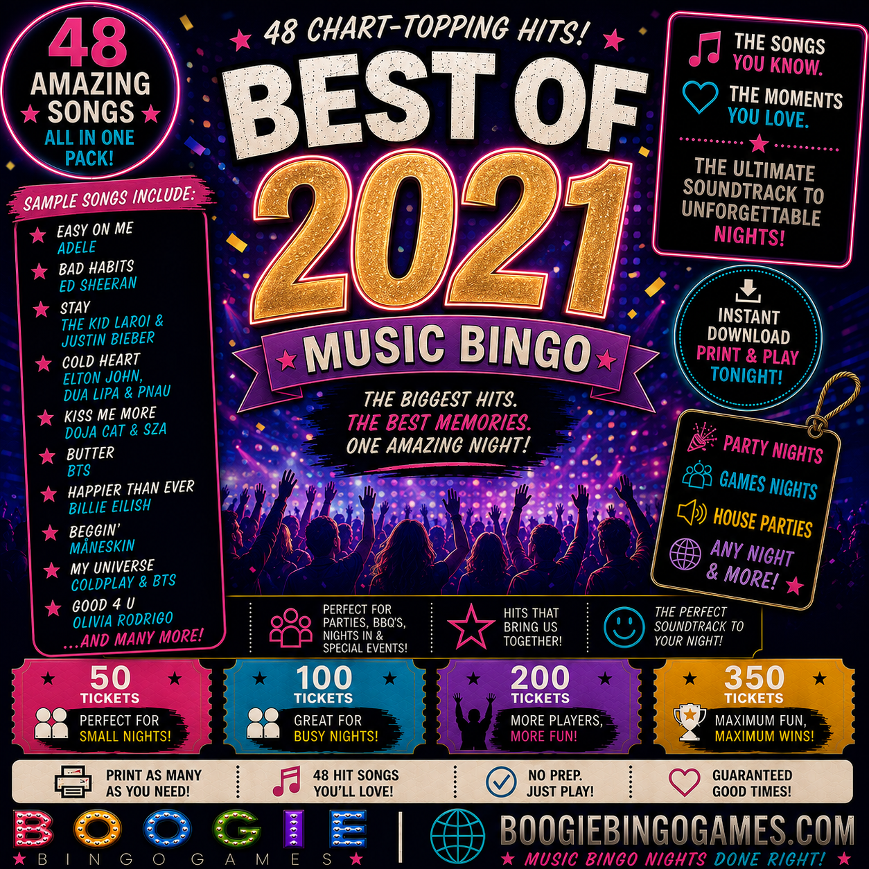 Best Of 2021 Music Bingo - Available in 50, 100, 200 and 350 Ticket Options