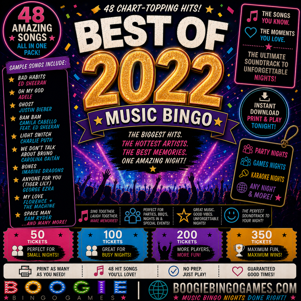 Best Of 2022 Music Bingo - Available in 50, 100, 200 and 350 Ticket Options