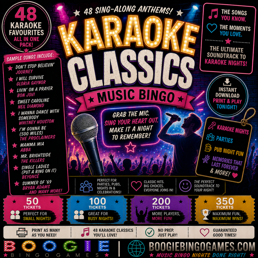Karaoke Classics Music Bingo - Available in 50, 100, 200 and 350 Ticket Options