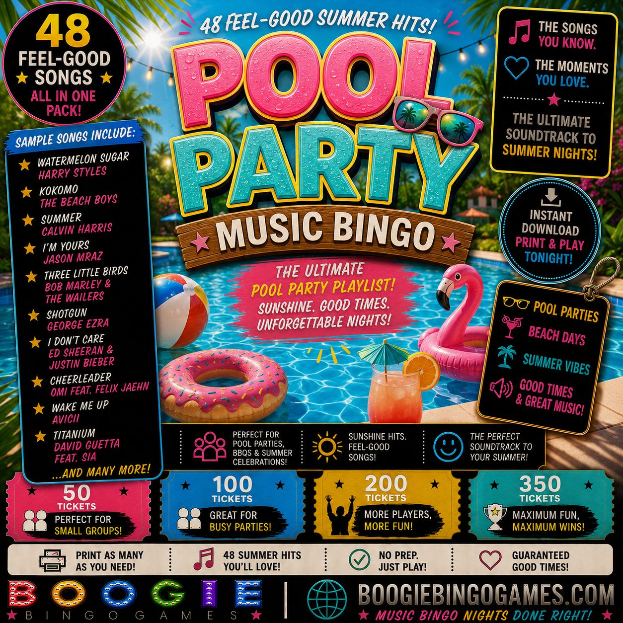 Pool Party Music Bingo - Available in 50, 100, 200 and 350 Ticket Options