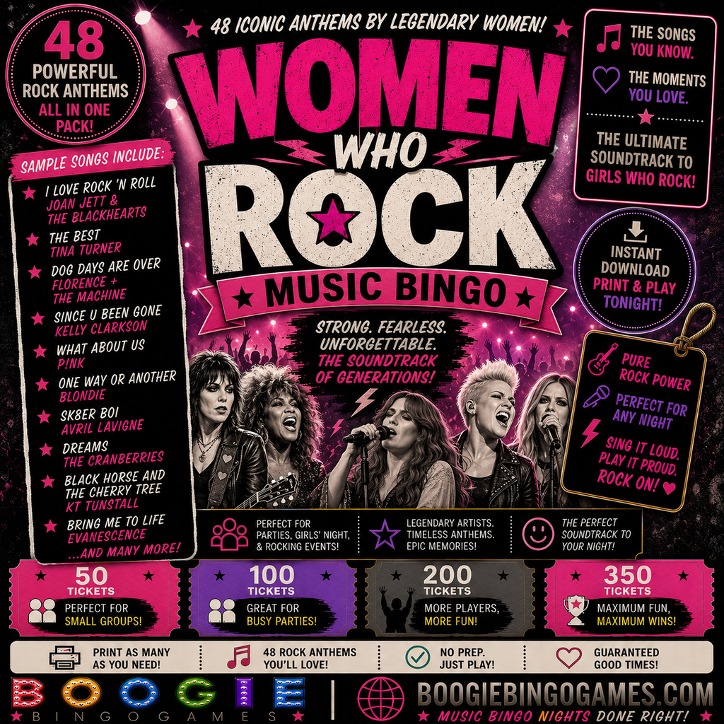 Women Who Rock Music Bingo - Available in 50, 100, 200 and 350 Ticket Options