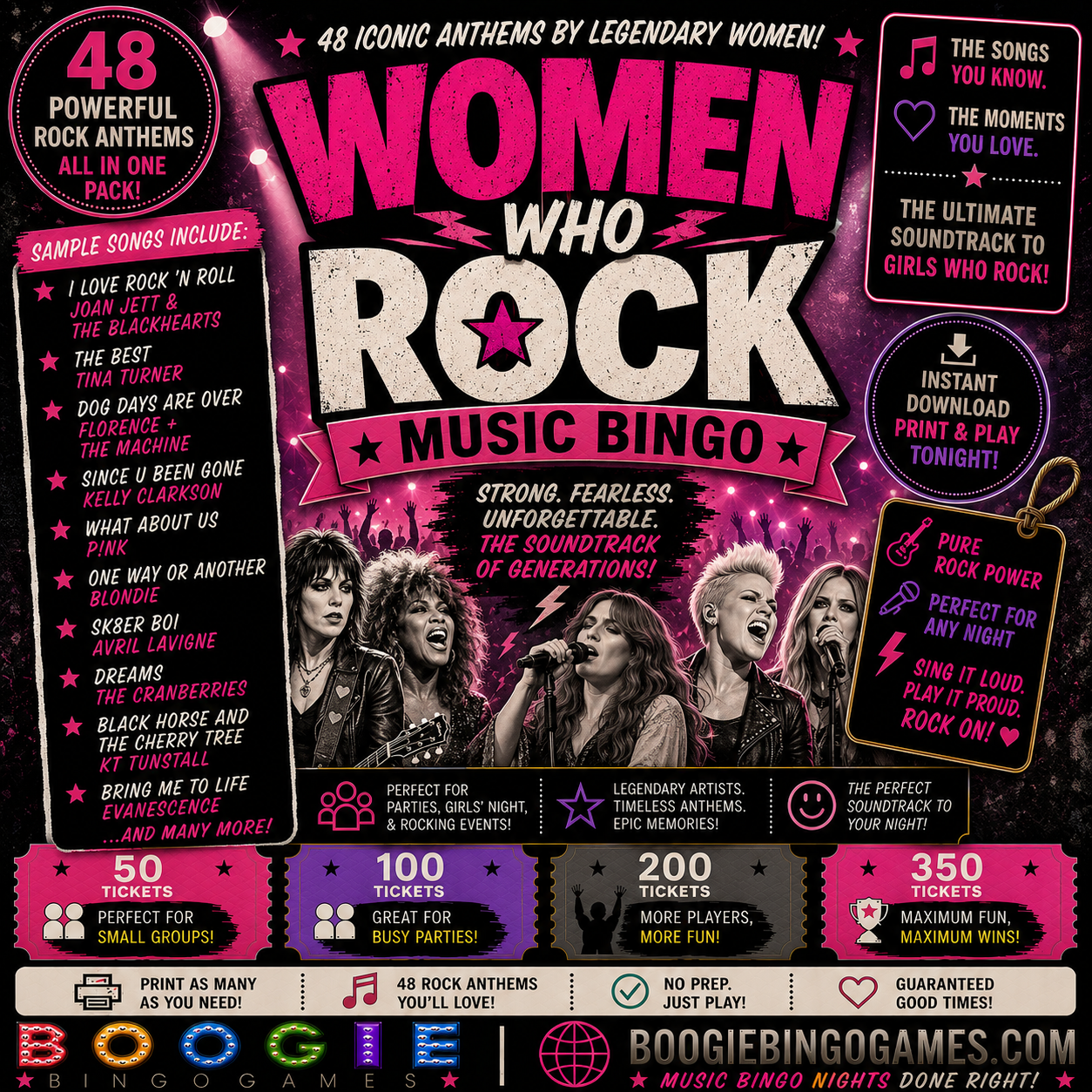 Women Who Rock Music Bingo - Available in 50, 100, 200 and 350 Ticket Options