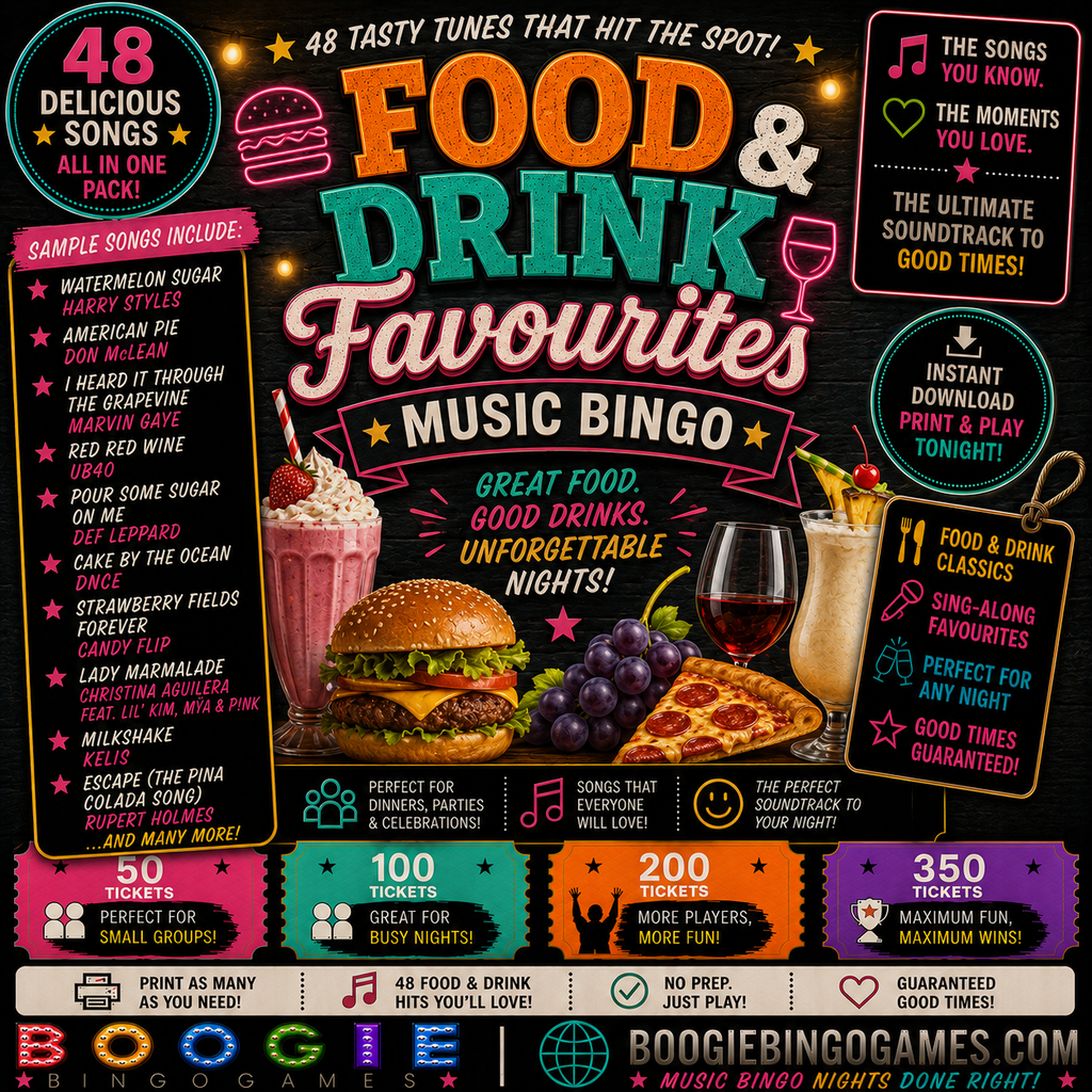 Food & Drink Favourites Music Bingo - Available in 50, 100, 200 and 350 Ticket Options