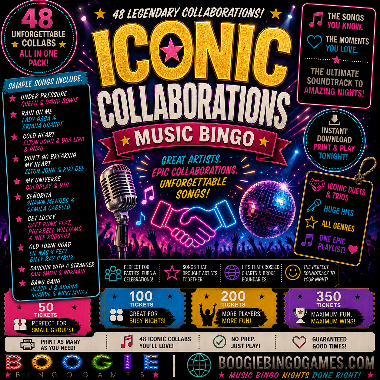 Iconic Collaborations Music Bingo - Available in 50, 100, 200 and 350 Ticket Options