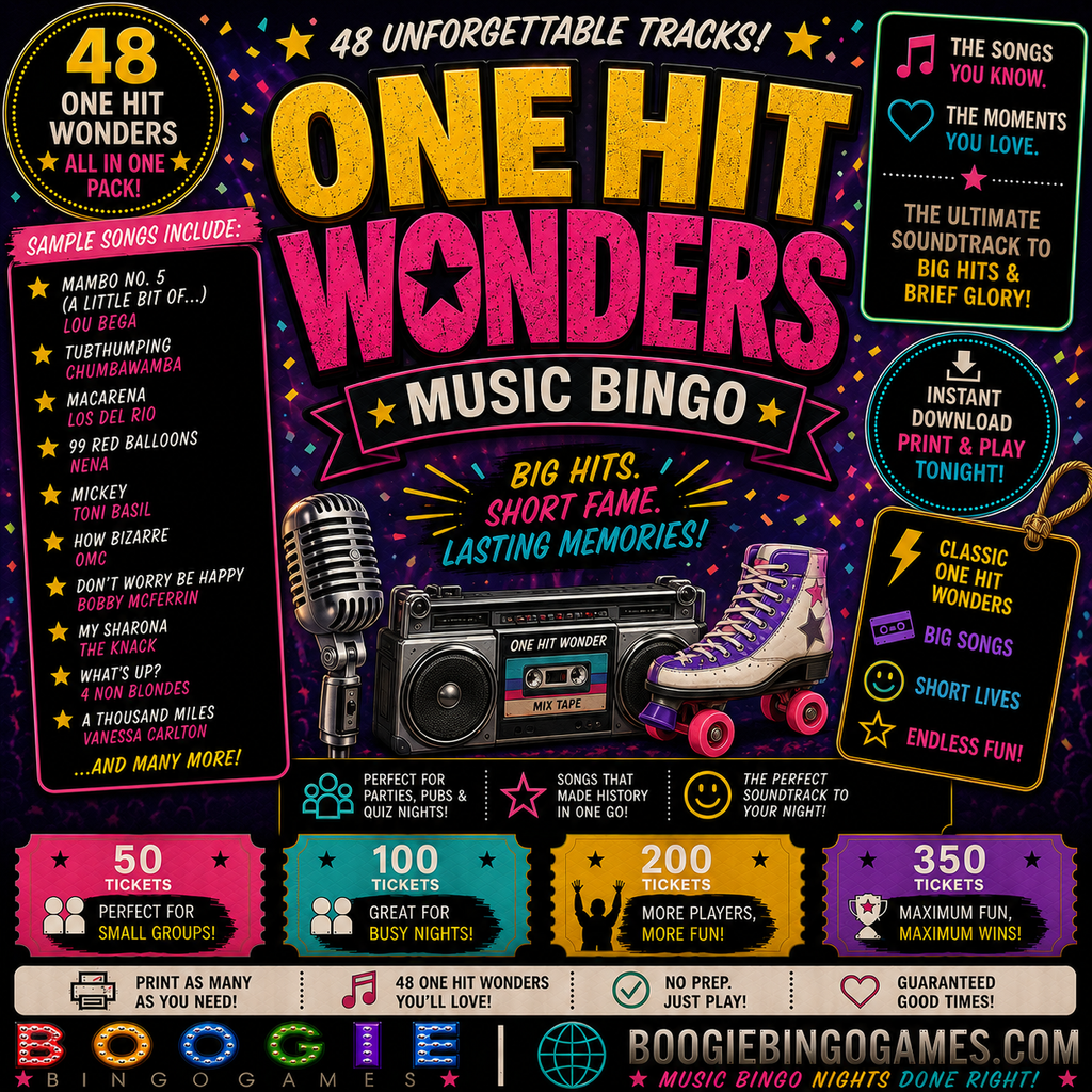 One Hit Wonders Music Bingo - Available in 50, 100, 200 and 350 Ticket Options
