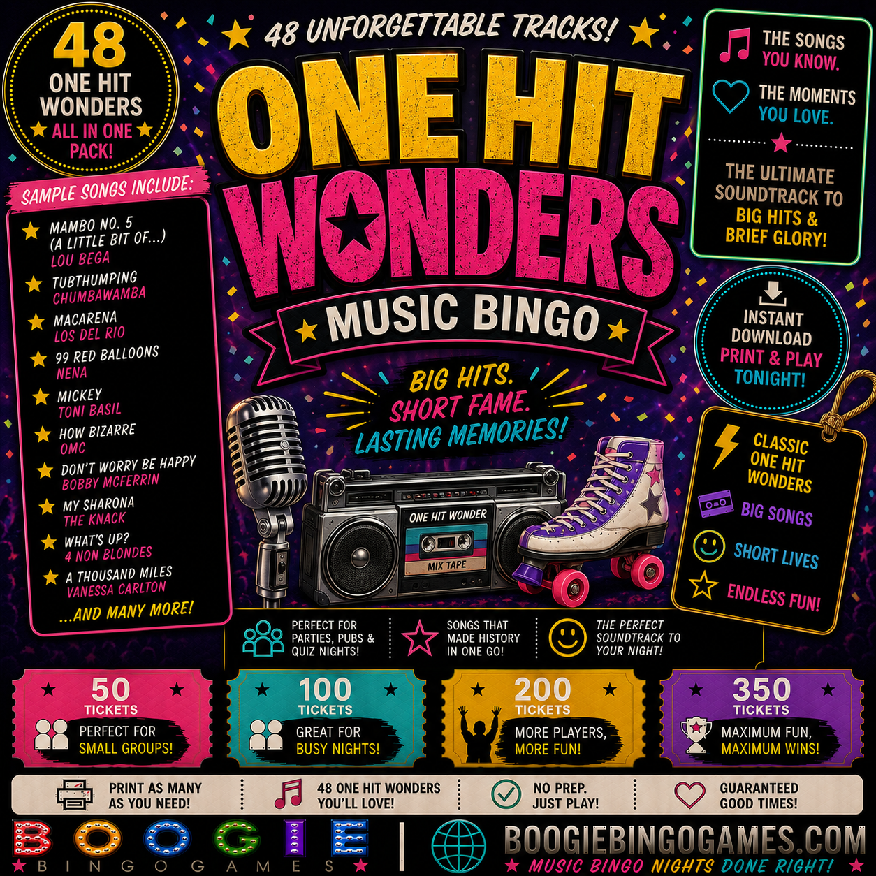 One Hit Wonders Music Bingo - Available in 50, 100, 200 and 350 Ticket Options