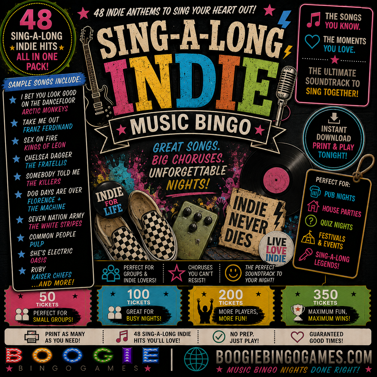 Sing-A-Long Indie Music Bingo - Available in 50, 100, 200 and 350 Ticket Options