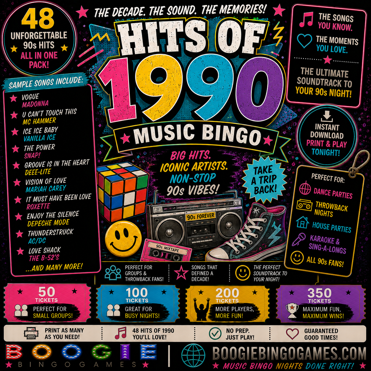 Hits of 1990 Music Bingo - Available in 50, 100, 200 and 350 Ticket Options