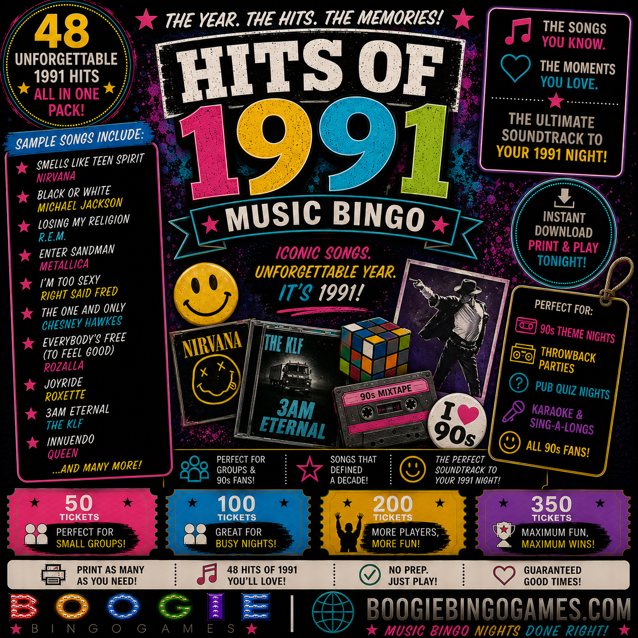 Hits of 1991 Music Bingo - Available in 50, 100, 200 and 350 Ticket Options