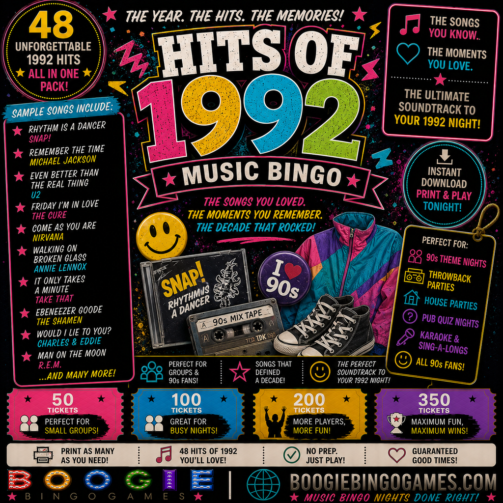 Hits of 1992 Music Bingo - Available in 50, 100, 200 and 350 Ticket Options