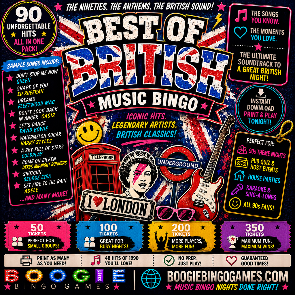 Best Of British Music Bingo - Available in 50, 100, 200 and 350 Ticket Options