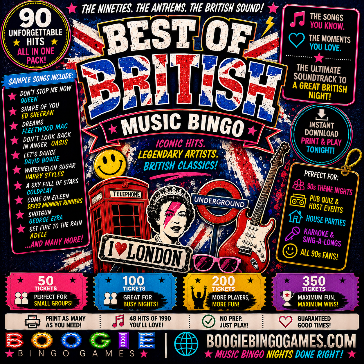 Best Of British Music Bingo - Available in 50, 100, 200 and 350 Ticket Options