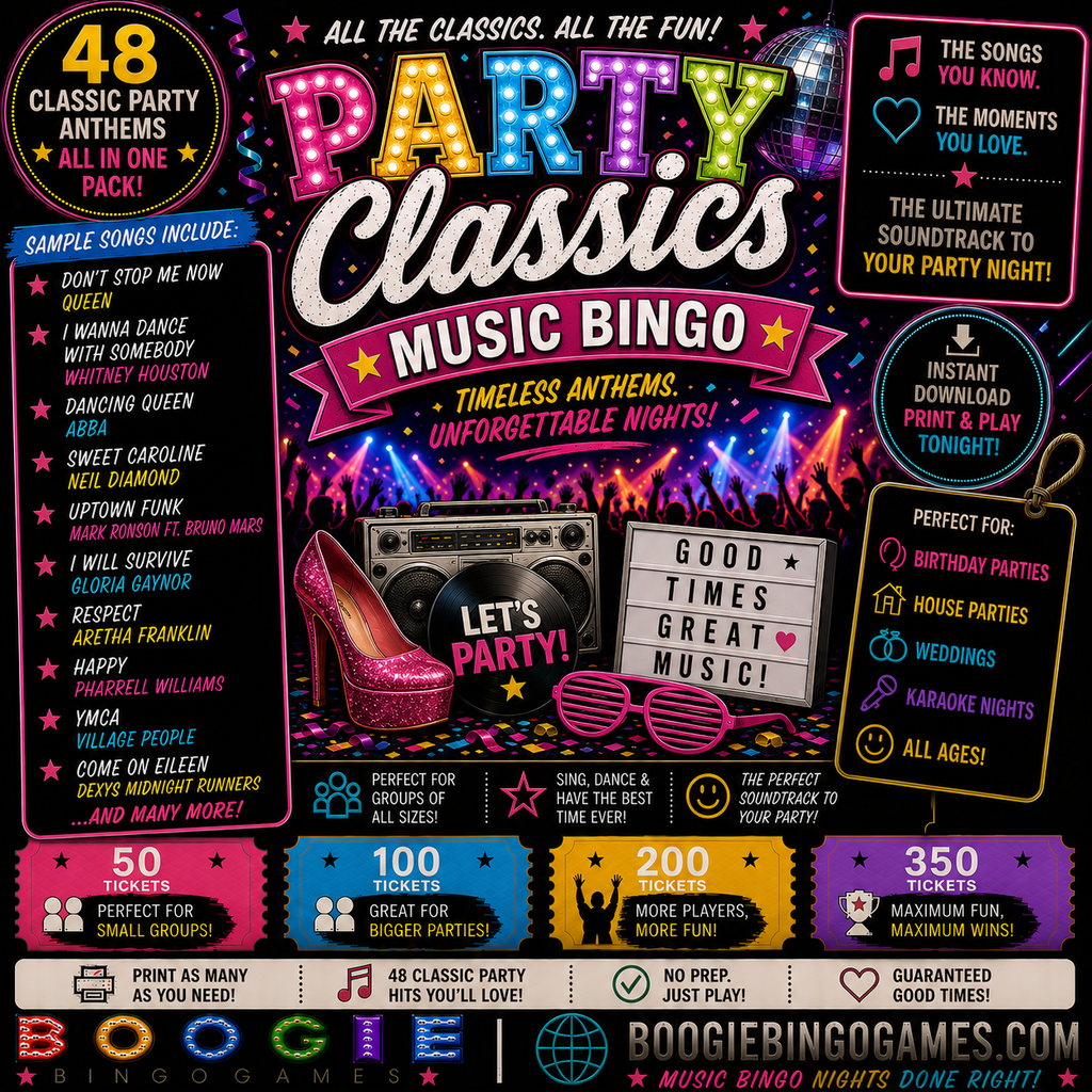 Party Classics Music Bingo - Available in 50, 100, 200 and 350 Ticket Options