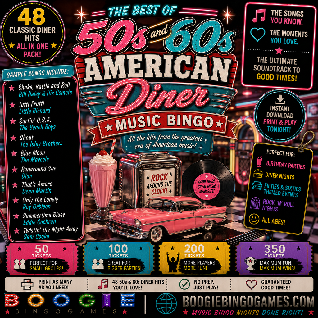 50s and 60s American Diner Music Bingo - Available in 50, 100, 200 and 350 Ticket Options