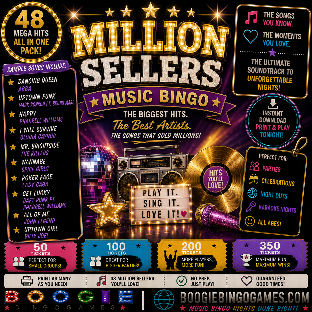 Million Sellers Music Bingo - Available in 50, 100, 200 and 350 Ticket Options