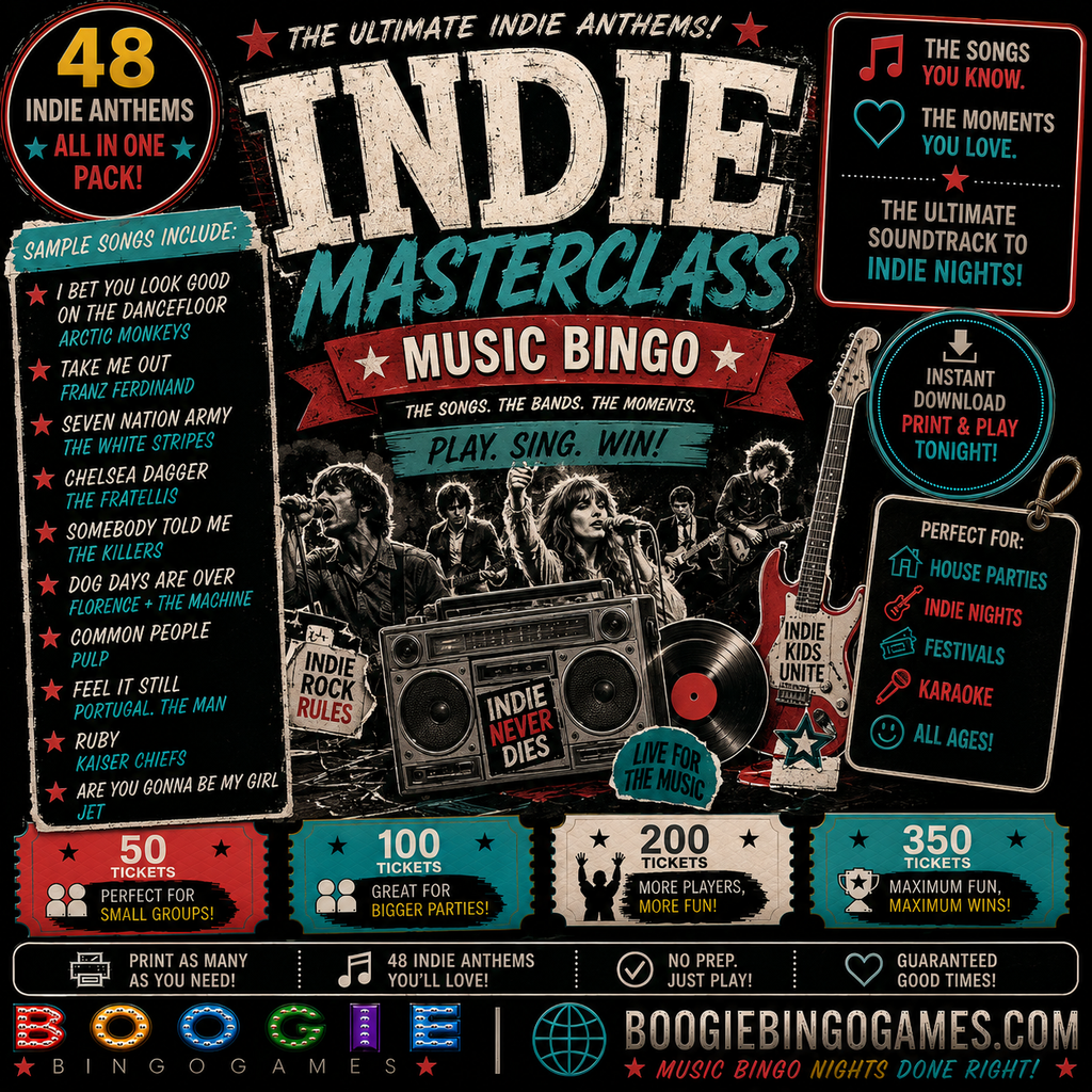 Indie Masterclass Music Bingo - Available in 50, 100, 200 and 350 Ticket Options