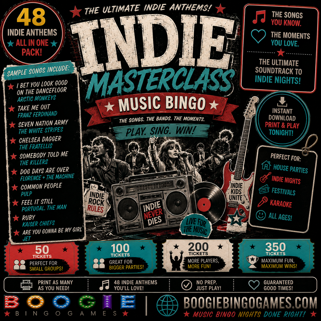 Indie Masterclass Music Bingo - Available in 50, 100, 200 and 350 Ticket Options
