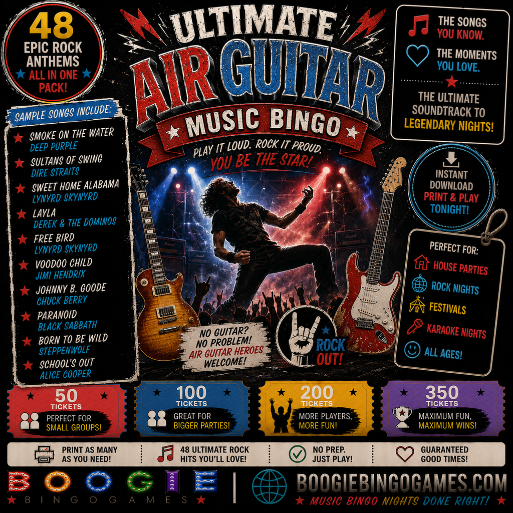 Ultimate Air Guitar Music Bingo - Available in 50, 100, 200 and 350 Ticket Options