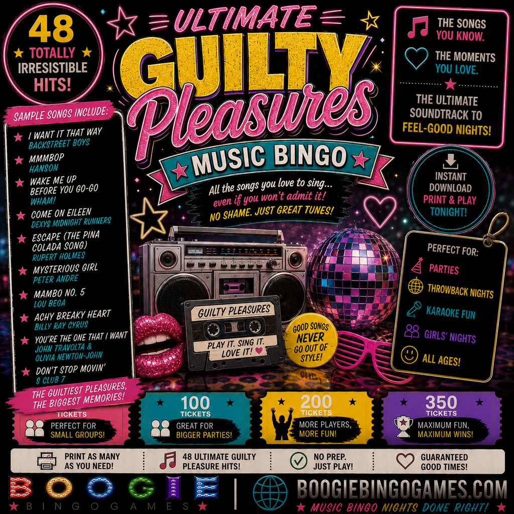 Ultimate Guilty Pleasures Music Bingo - Available in 50, 100, 200 and 350 Ticket Options