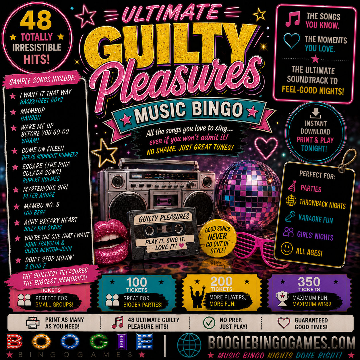 Ultimate Guilty Pleasures Music Bingo - Available in 50, 100, 200 and 350 Ticket Options