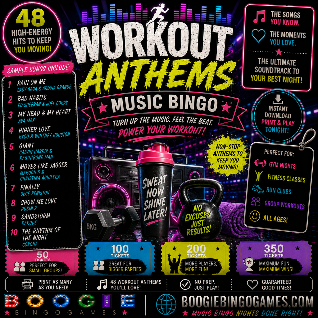 Workout Anthems Music Bingo - Available in 50, 100, 200 and 350 Ticket Options