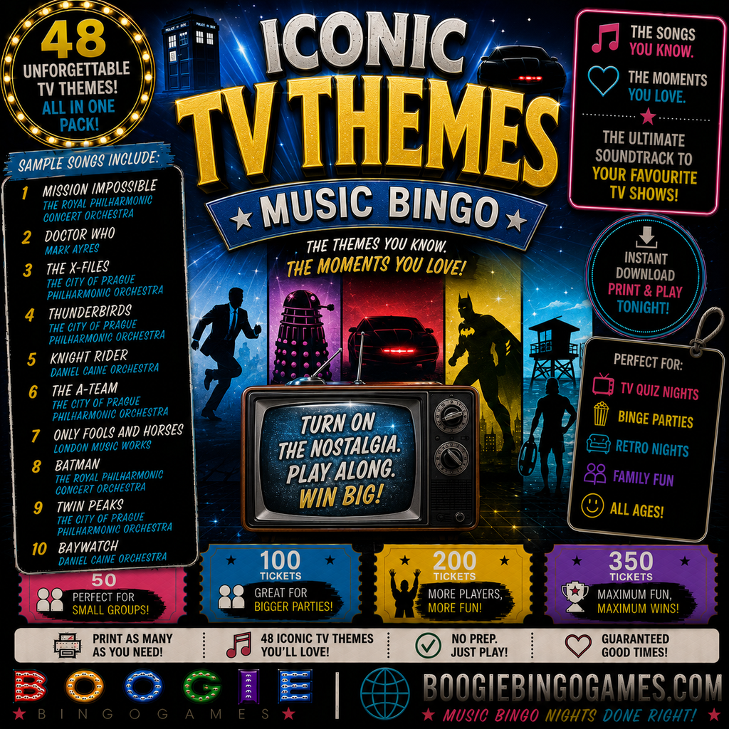 Iconic TV Themes Music Bingo - Available in 50, 100, 200 and 350 Ticket Options