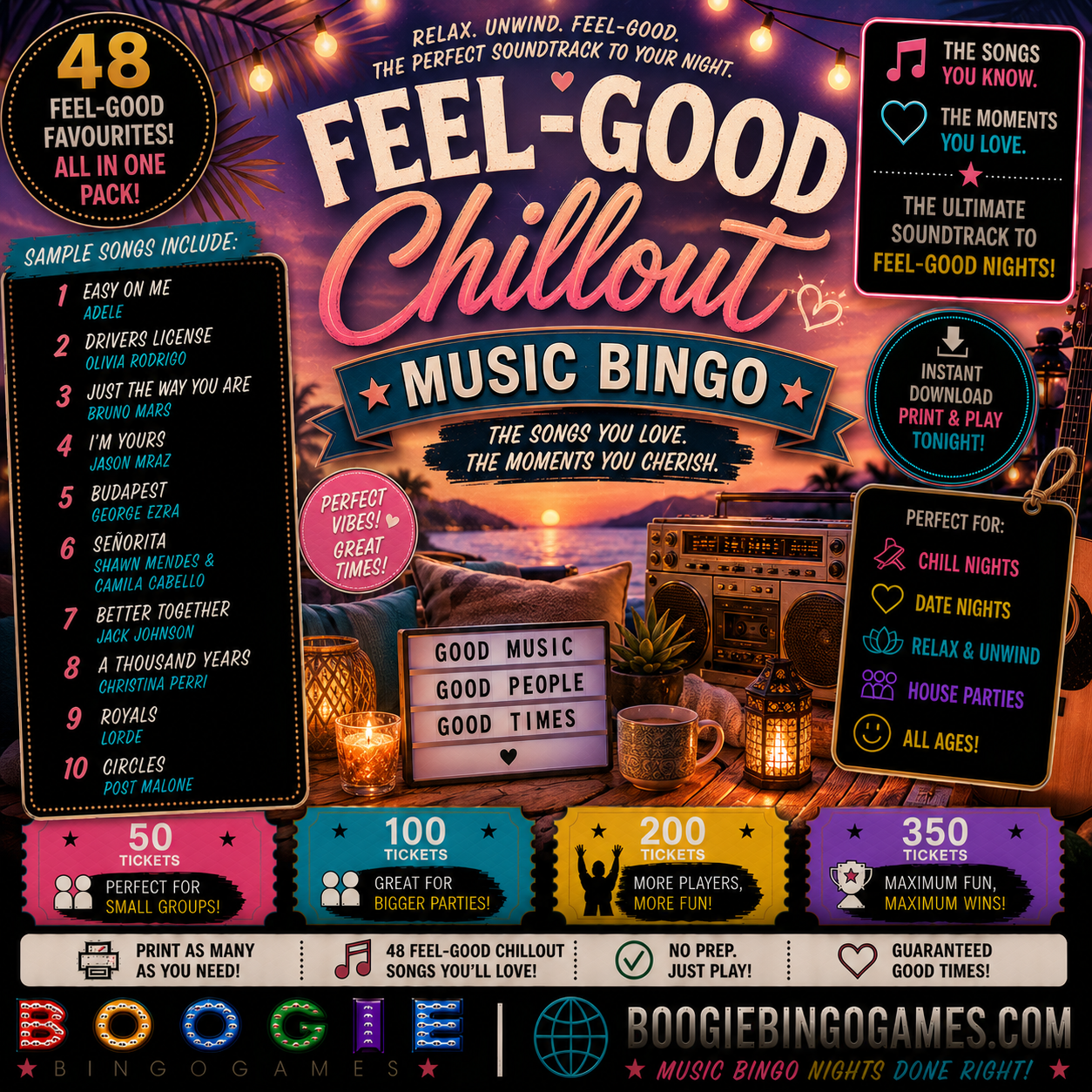 Feel-Good Chillout Music Bingo - Available in 50, 100, 200 and 350 Ticket Options
