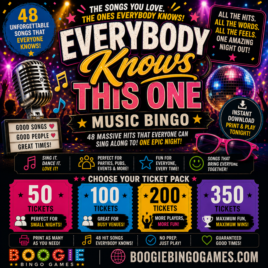 Everybody Knows This One Music Bingo - Available In 50, 100, 200 and 350 Ticket Options