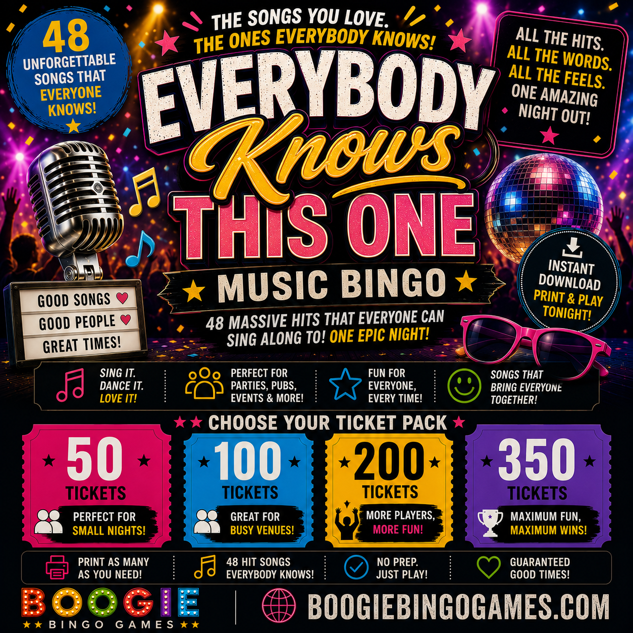 Everybody Knows This One Music Bingo - Available In 50, 100, 200 and 350 Ticket Options