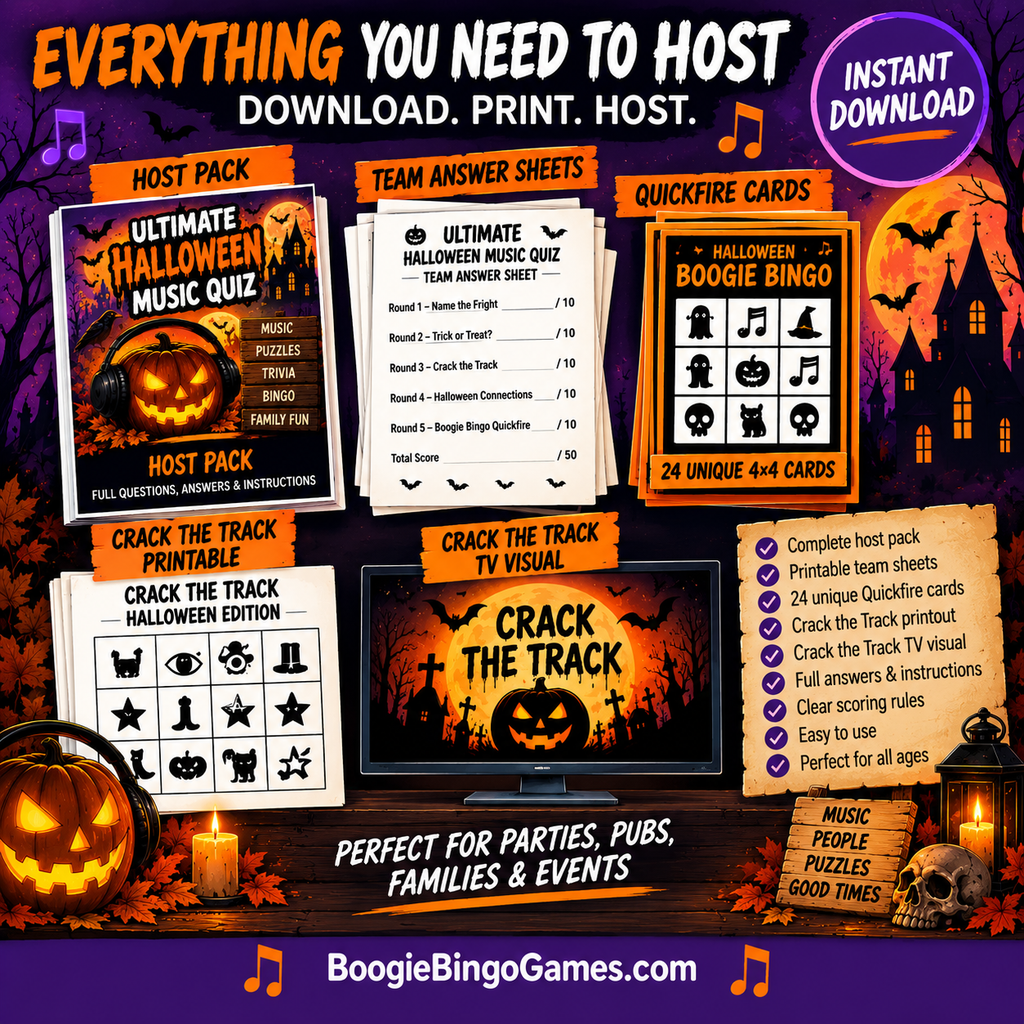 Ultimate Halloween Music Quiz printable pack with host guide, team answer sheets, 24 Quickfire cards and Crack the Track visual