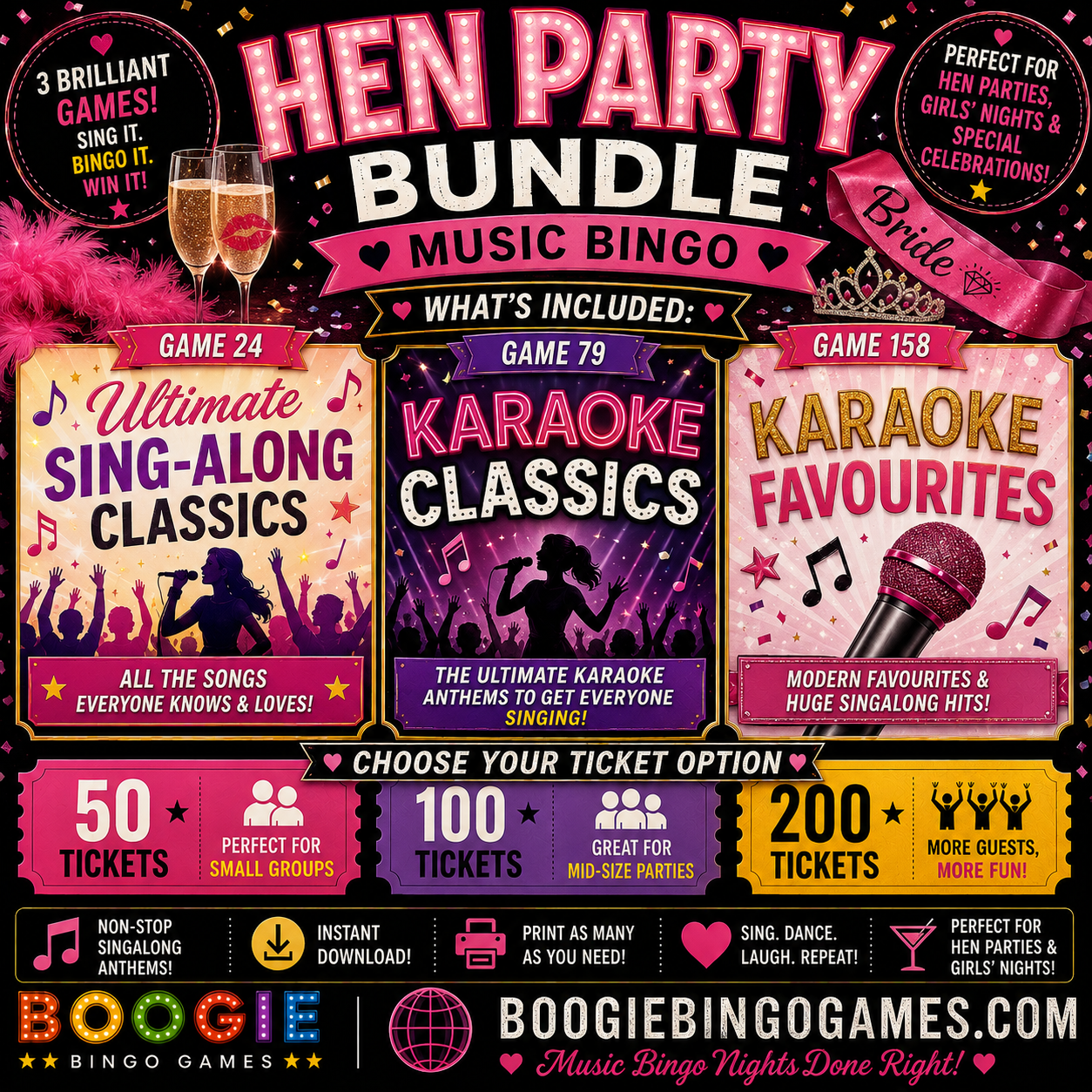 Hen Party Music Bingo Bundle - 50, 100 and 200 Ticket Options