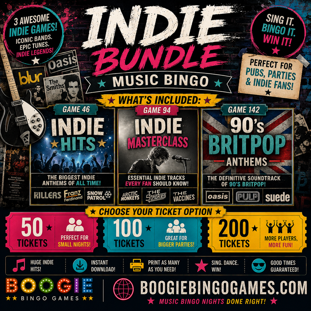 Printable indie music bingo cards with randomized alternative rock and Britpop song lists. 50, 100 and 200 ticket options