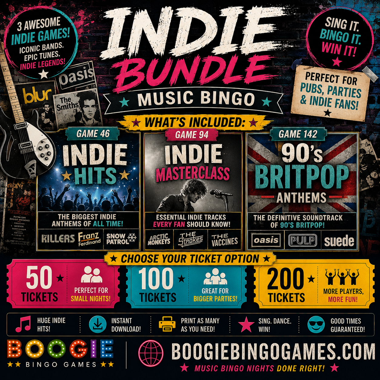 Printable indie music bingo cards with randomized alternative rock and Britpop song lists. 50, 100 and 200 ticket options