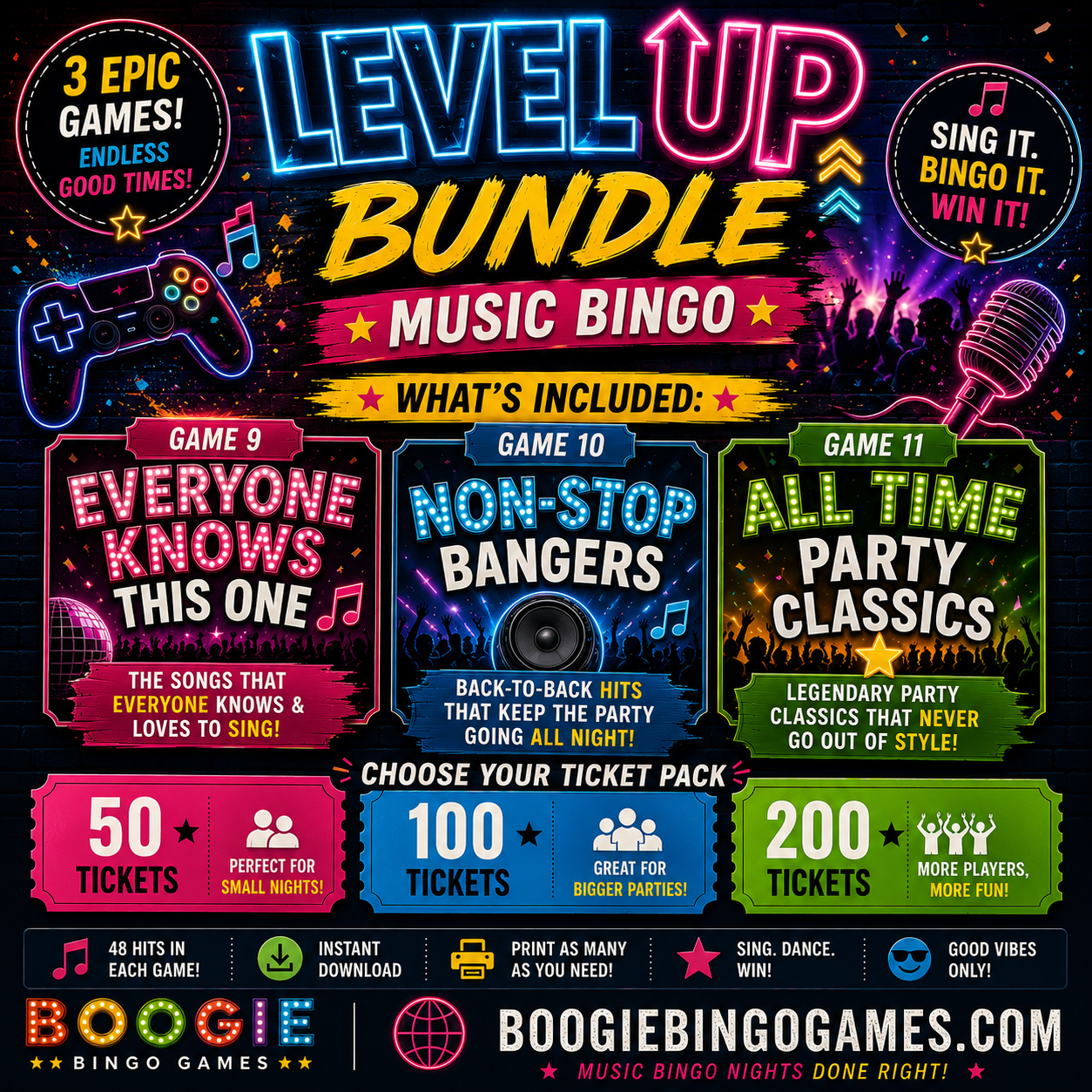 Level Up Bundle Music Bingo - Games 9, 10 and 11 printable party games. 50, 100 or 200 ticket options