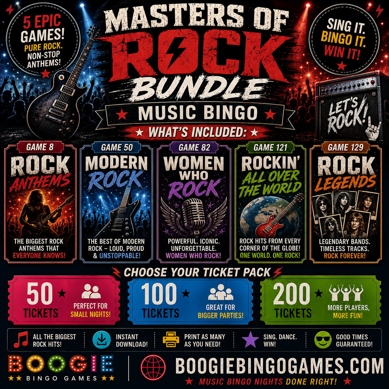 Masters of Rock Bundle - 5 rock music bingo games featuring classic rock, modern rock, and rock legends. 50, 100 and 200 printable ticket options