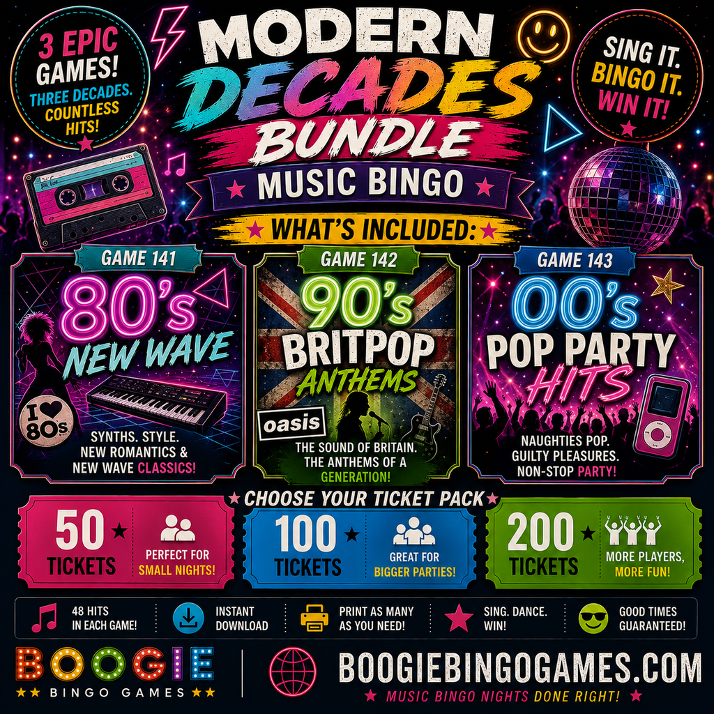 Modern Decades Bundle Music Bingo - 80s, 90s and 2000s hits party games. 50, 100 and 200 ticket options