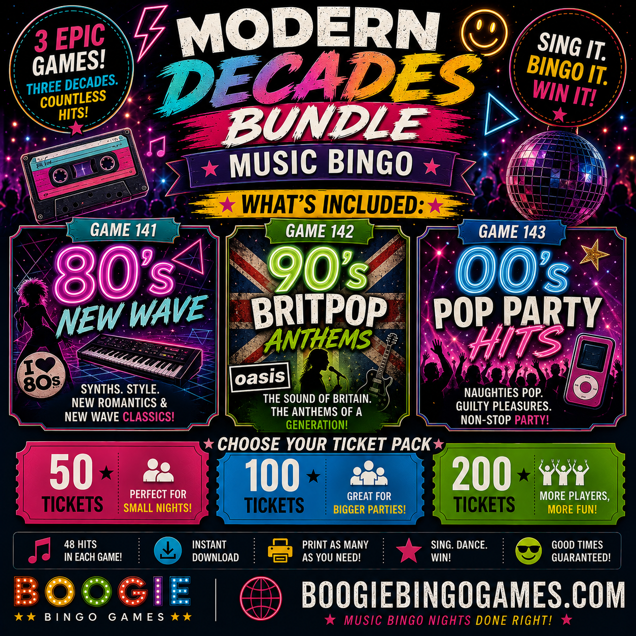 Modern Decades Bundle Music Bingo - 80s, 90s and 2000s hits party games. 50, 100 and 200 ticket options