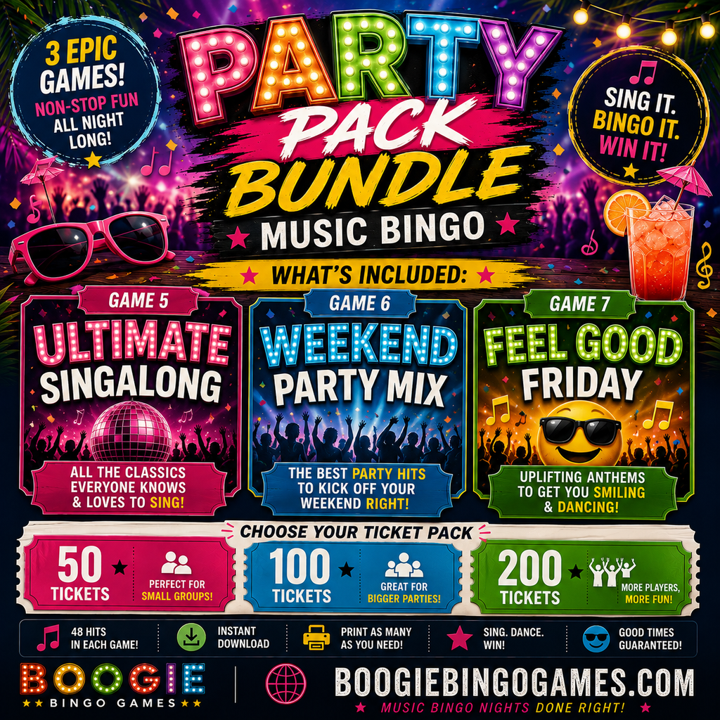 Party Pack Bundle Music Bingo - 3 Games Available In 50, 100 or 200 Ticket Options