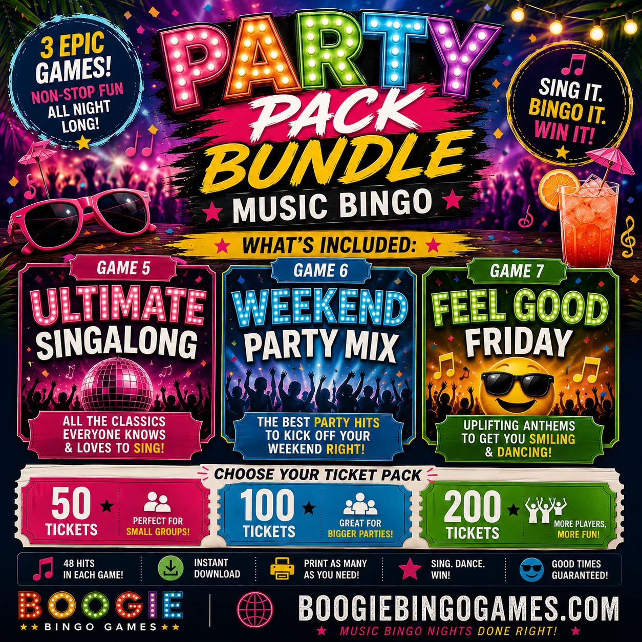 Party Pack Bundle Music Bingo - 3 Games Available In 50, 100 or 200 Ticket Options