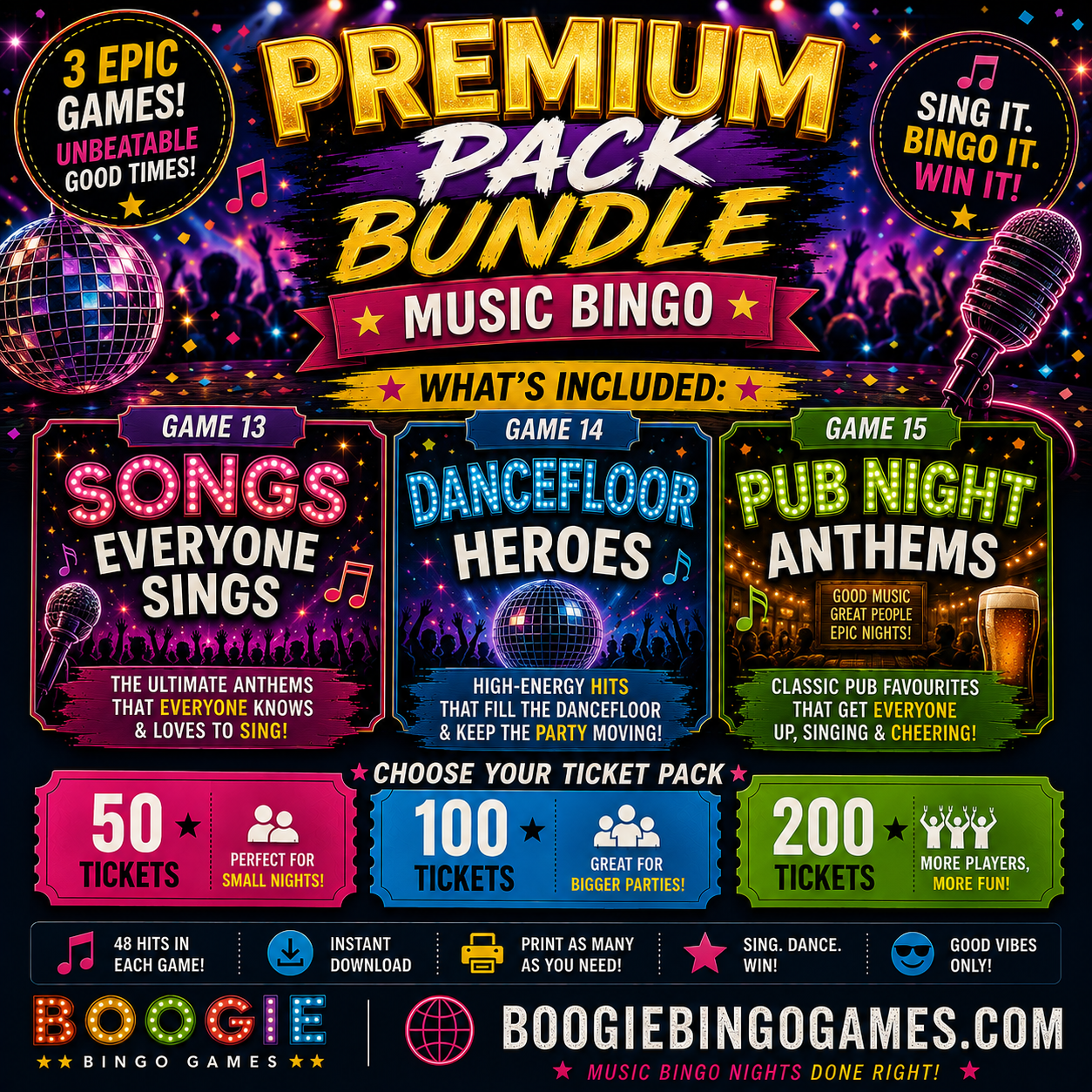 Premium Pack Bundle Music Bingo - Games 13, 14 and 15 printable party games. 50, 100 or 200 ticket options
